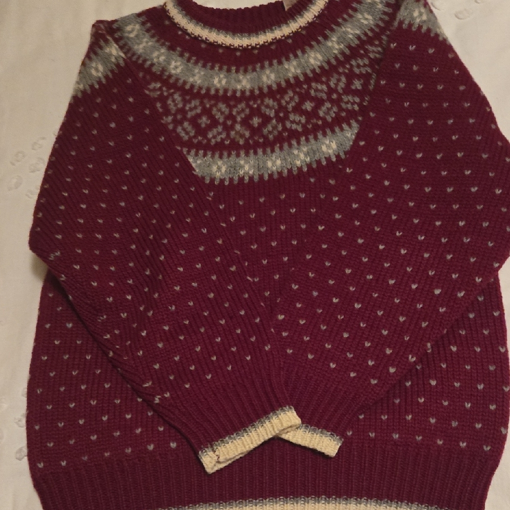 EMS Women's Burgundy Patterned Wool BlendCrew Neck Sweater. Size Small.